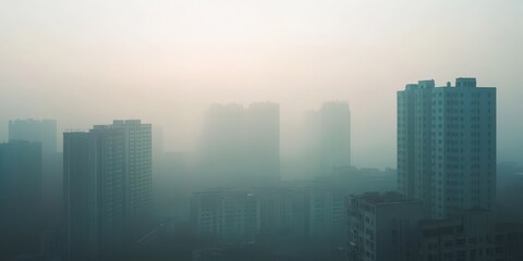Fototapeta premium A hazy skyline enveloped in fog, showcasing towering buildings shrouded by mist and atmospheric depth.