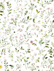 Watercolor floral pattern with various flowers and leaves in red, orange, yellow, and green hues on a white background