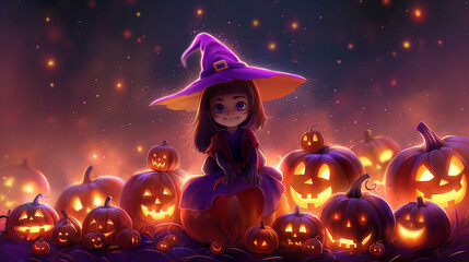 A little witch with a flowing purple dress, sitting on a glowing pumpkin, surrounded by smiling jack-o'-lanterns. The background is a spooky but fun Halloween night with twinkling stars. 