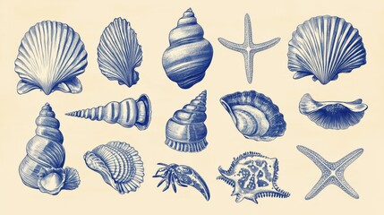Detailed blue illustrations of shells and starfish on a light background, showcasing marine life 