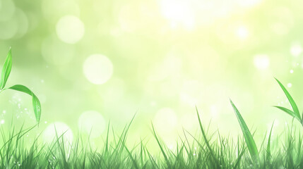 Obraz premium Green grass and plants with a soft-focus, bokeh light background suggesting a fresh, serene nature scene 