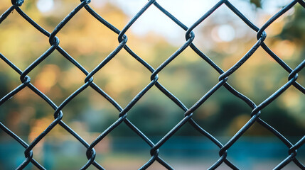 Fototapeta premium chain-link fence stands out against a softly blurred background, symbolizing boundaries, separation, and the contrast between freedom and confinementv