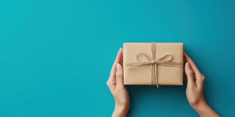 A person holds a beautifully wrapped gift box with twine on a vibrant turquoise background, ready for giving or celebration.