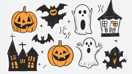 Fototapeta premium Set of Spooky and Funny Halloween Drawings Isolated on Solid White Background, Playful and Creepy Halloween Illustrations