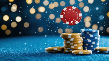 A poker chip flipping through the air, with a confident player in the background bluffing their way through a massive stack of chips