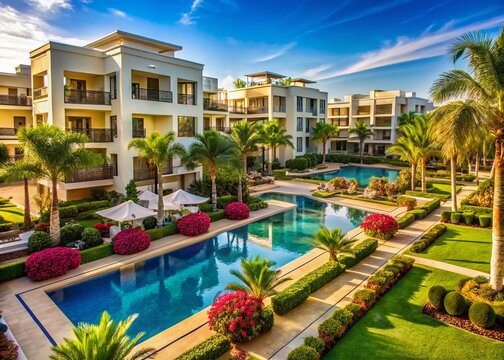 Luxurious upscale resort complex featuring modern architecture, beautifully landscaped gardens, and elegant pools,