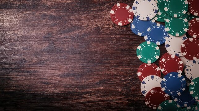 A tense poker game with chips scattered across the table, odds displayed on the digital board above, symbolizing the balance between skill and chance