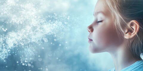 A serene portrait of a girl experiencing a moment of tranquility, surrounded by ethereal light and soft sparkles.