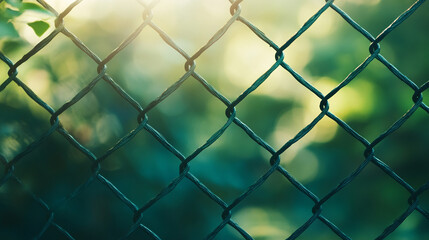 Fototapeta premium chain-link fence stands out against a softly blurred background, symbolizing boundaries, separation, and the contrast between freedom and confinementv