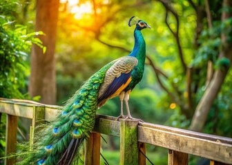 Naklejka premium Magnificent green peafowl perches on a wooden fence, its vibrant emerald plumage glistening in the sunlight, surrounded
