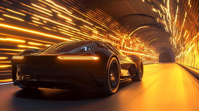 Modern electric car rides through tunnel with warm yellow light 3d rendering. Electric Car. Illustration