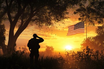 Silhouette of soldier saluting at sunset with american flag amidst trees