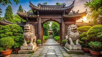 Obraz premium Majestic ancient stone lion gate in Shanghai's Chinese garden, adorned with intricate carvings and majestic lions,
