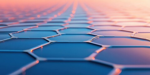 Naklejka premium A stunning abstract view of hexagonal patterns reflecting light, creating a mesmerizing visual effect in a tranquil setting.