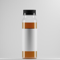 A clear plastic bottle mockup with a black cap, perfect for showcasing your beverage branding. The bottle is filled with an amber-colored liquid and features a blank white label for customization.