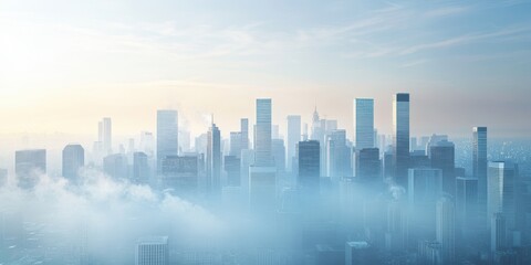 Fototapeta premium A stunning skyline overlayed with mist, showcasing modern architecture and urban beauty under a serene sky.