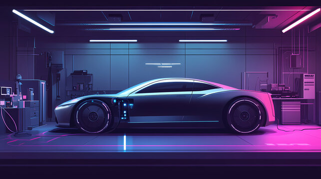 Car of the future in garage workshop. innovative technologies, electric car, smart car concept. Electric Car. Illustration
