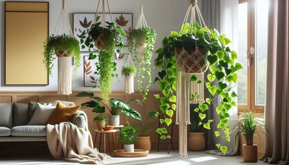 A cozy, well-lit living room filled with an abundance of green indoor plants hanging from the ceiling and placed around the room, creating a tranquil and refreshing atmosphere.

