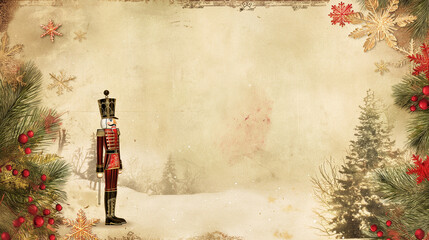 A Nutcracker-themed frame with ballet elements, featuring elegant golden details, snowflakes, and a Nutcracker soldier standing at one side of the frame. 
