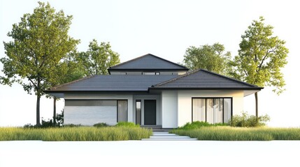 Single-story house isolate on white background, suburban style,