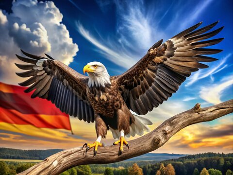Majestic eagle perched on a branch, wings spread wide, against a vibrant blue sky with the German flag