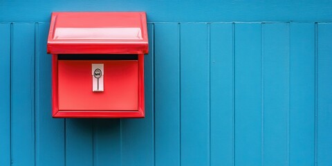 A vibrant red mailbox against a bold blue wall, perfect for capturing the charm of traditional mail systems.