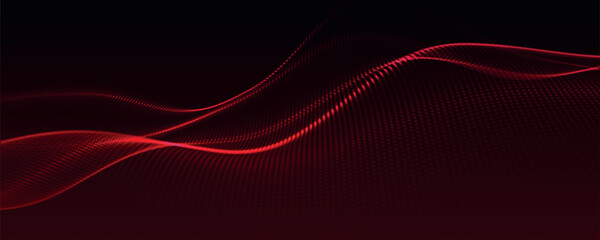 Futuristic dot wave. Abstract digital particle wave. Technology background. Colored musical wave. Dark background. Digital background with smooth, wavy curves. 3D vector illustration