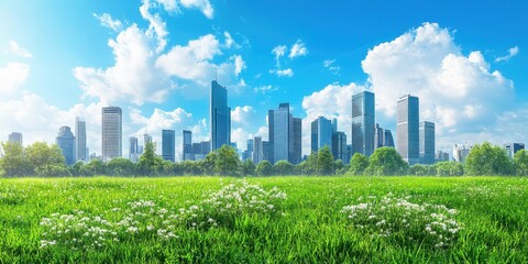 Obraz premium A vibrant urban landscape showcasing skyscrapers against a blue sky, complemented by lush greenery and blooming flowers in the foreground.