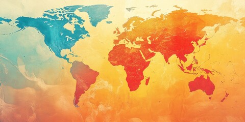 A vibrant, abstract world map showcasing diverse continents with warm colors, emphasizing global connections and travel.