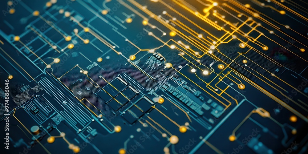 Poster abstract close-up of a circuit board with glowing lines and nodes symbolizing technology, innovation