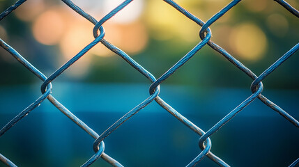 Fototapeta premium chain-link fence stands out against a softly blurred background, symbolizing boundaries, separation, and the contrast between freedom and confinement