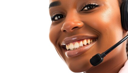 Smiling customer service representative with headset on isolated white background