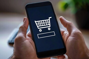 Hand holding smartphone with online shopping cart icon displayed on screen