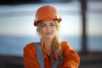 A female construction worker wearing an orange hard hat and safety vest, standing confidently in an outdoor setting, representing women in construction, safety, and leadership industrial environments.