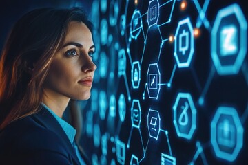 Businesswoman analyzing futuristic digital interface for blockchain technology insight