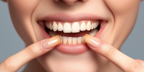 Obraz premium Close-up of a smiling woman showcasing bright white teeth, emphasizing oral hygiene and dental care.