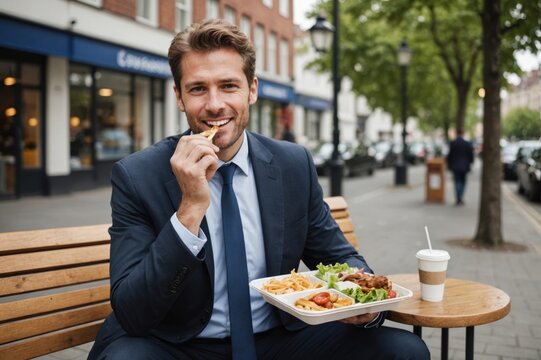 Businessman eating takeaway lunch outdoors