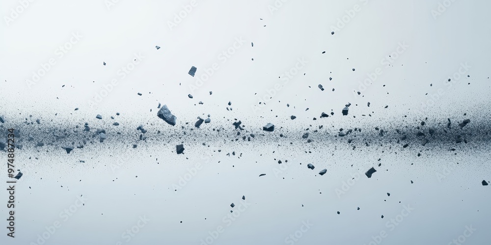 Poster dynamic abstract composition of floating debris against a soft gradient background, evoking a sense 