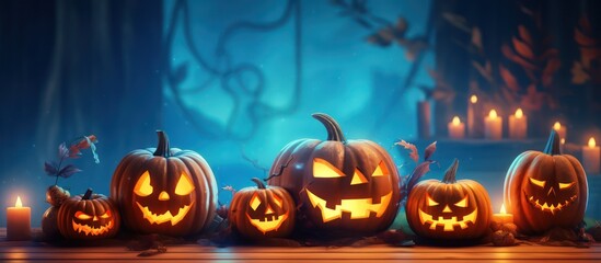 Fototapeta premium Spooky Halloween Jack-O'-Lanterns with Glowing Faces