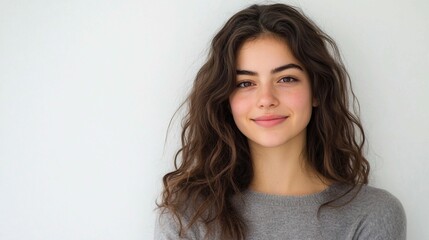 Naklejka premium a woman with long brown hair and a gray shirt smiling at the camera with a white background