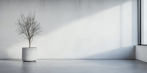 Obraz premium Minimalist room with a potted tree and natural lighting. Apartment interior design composition with ample copyspace.