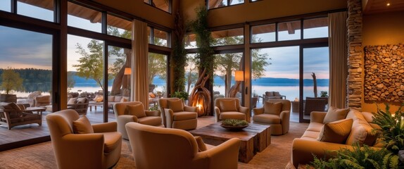 Fototapeta premium Modern living room features large windows showcasing serene lake views, warm decor, cozy seating, promoting relaxation and harmony with nature.