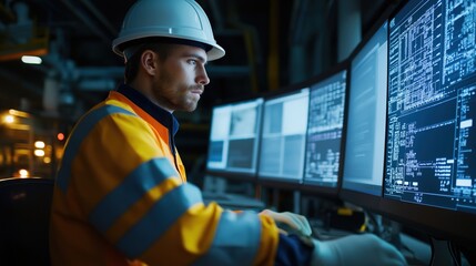 An engineer wearing a uniform and helmet is using industrial control system software on the factory's computer, which displays other machinery from oil production to energy production in the backgroun