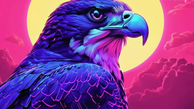 Close up of eagle with sunset background synthwave style 