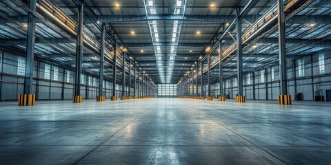 Fototapeta premium Spacious industrial warehouse interior with bright lighting and polished concrete floor, ideal for storage or logistics operations.