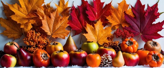 Vibrant autumn arrangement with colorful leaves, fruits like apples and pears, showcasing the beauty of fall harvest and seasonal decoration.