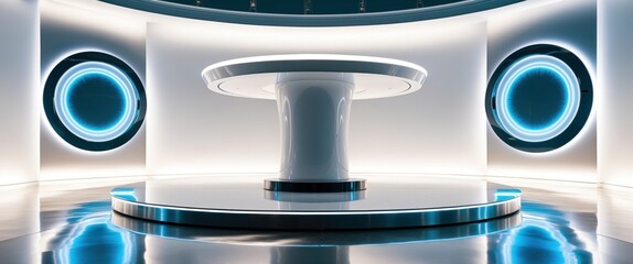 Futuristic studio design features a sleek circular table with glowing elements, modern ambiance ideal for technology presentations and innovative events.