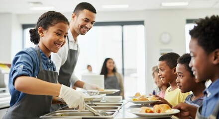 School Lunch Line With Happy Children and Staff