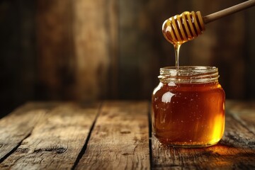 A jar of golden honey placed on a rustic wooden table, with a honey dipper drizzling honey and plenty of empty space for text or branding on the left side