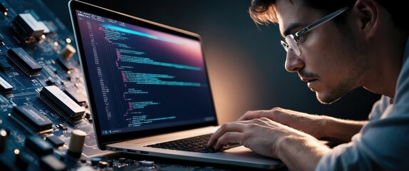 Young developer working intently on laptop amidst circuit board, showcasing modern technology's impact on coding and digital innovation.